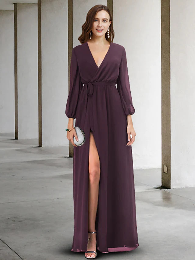 Wholesale A-Line Mother of the Bride Dress Elegant V Neck Floor Length Chiffon Long Sleeve with Split Front